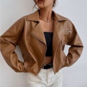 SHEIN Brown/Tan Faux Leather Moto Jacket – Size S